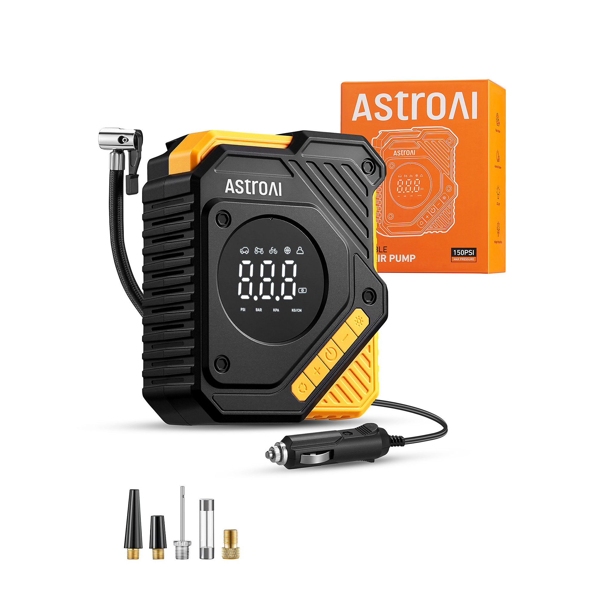 AstroAI Portable Digital Tire Inflator — 12V, 150 PSI, LED Light, Electric Air Compressor Pump for Cars & Inflatables, Model# ACACS1PROBK-US